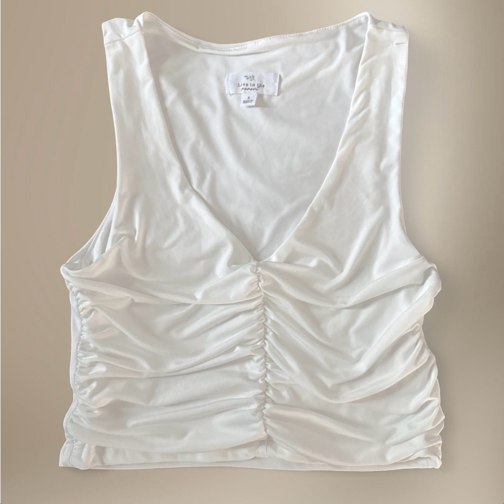 White ruched cropped tank top
